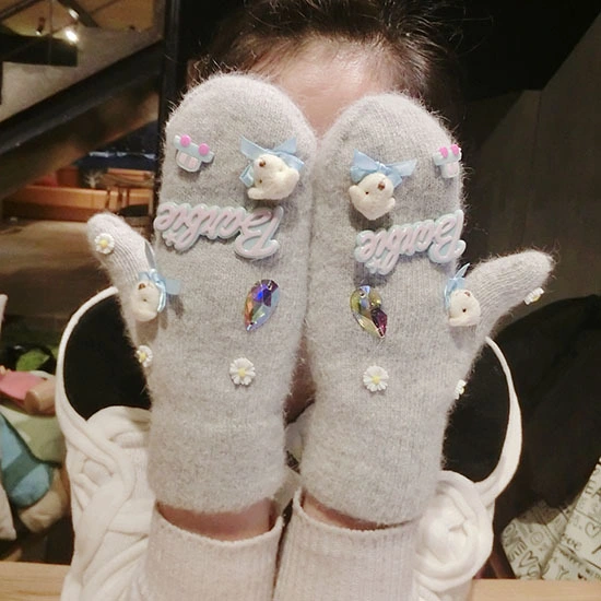 Winter Women Double Layer Rabbit Wool Daisy Flowers Bear Head Stylish Cute Cartoon Students Warm Gloves