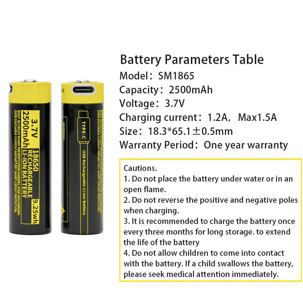 18650 Li-ion Rechargeable 3.7V Lithium Battery and Type-C Charging Battery