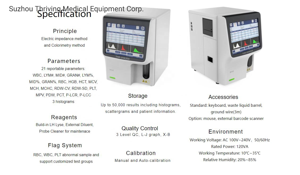 Venta caliente totalmente automática de 3 partes médicos del analizador de Hematología Hematología humano Analyzer (THR-VHA300)