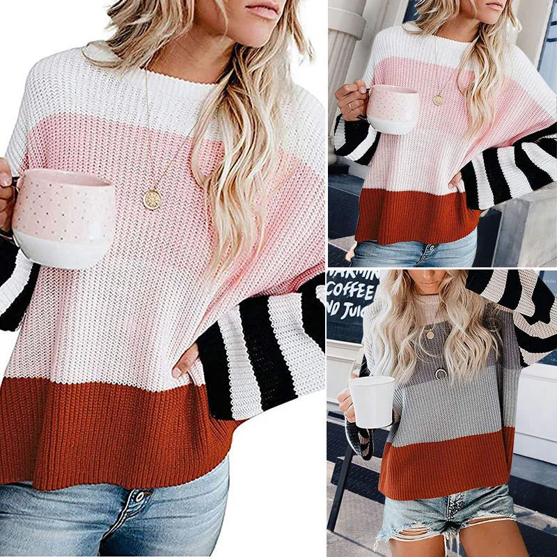 Long Sleeve Stripe Turtleneck Sweater Block Netted Texture Pullover Warm Women Sweaters