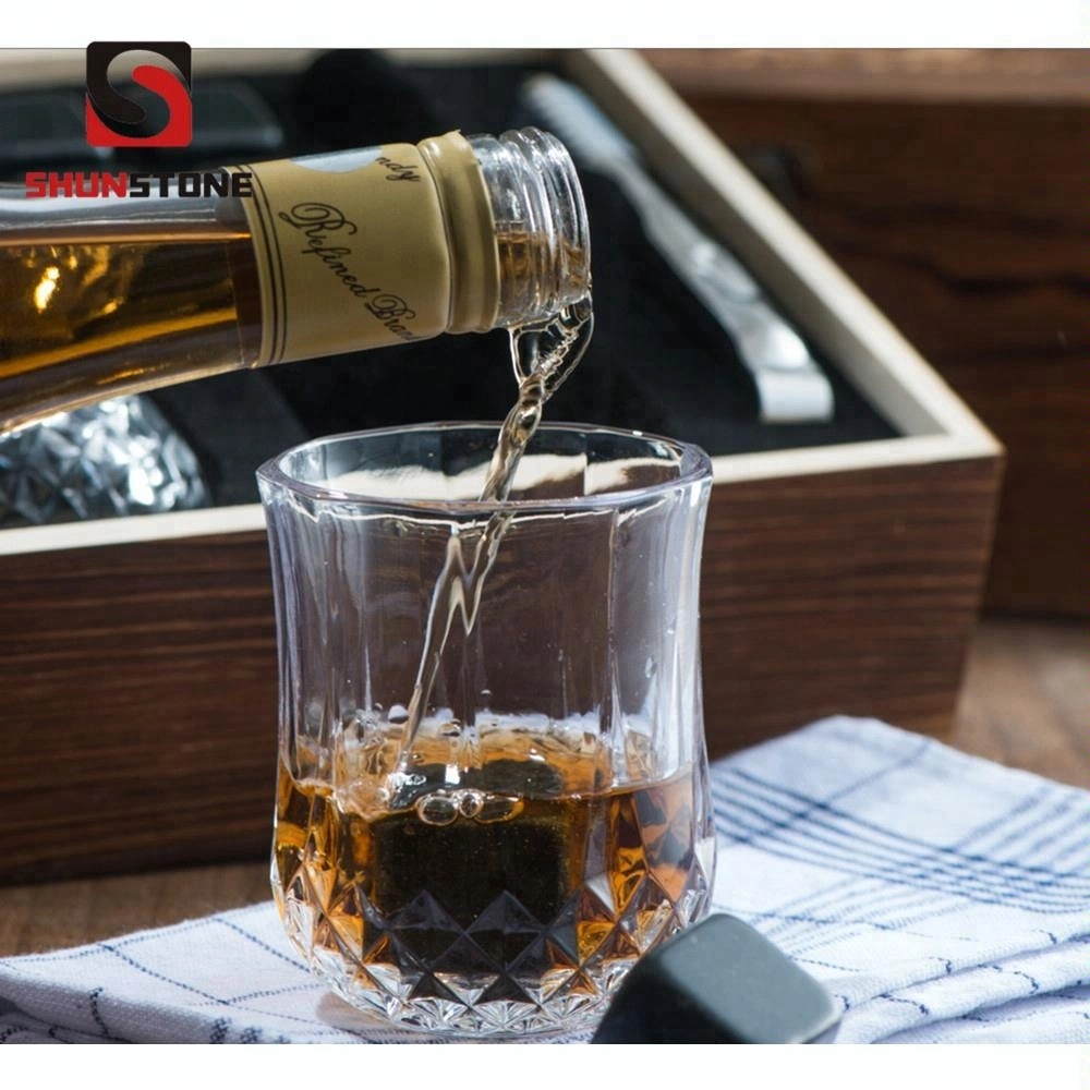 Personalised Wooden Gift Box Set Grey Basalt Whisky Chilling Ice Cube Stones with Old Fashion Crystal Whiskey Glasses