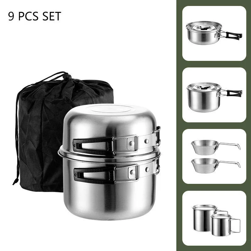 Conjunto de 3 PEÇAS 9PCS de alta qualidade novo conjunto de utensílios de cozinha para campismo Mochila de campismo para exterior Kit de Mess em aço inoxidável