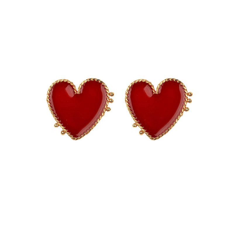 Comercio al por mayor gran corazón rojo Stud Earrings esmalte moda corazón pendientes de las mujeres declaración