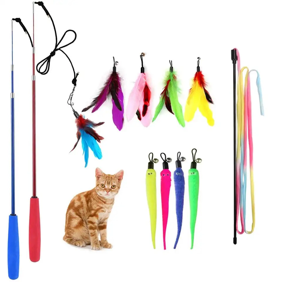 Pet Fishing Rod Retractable Wooden Handle Cat Teaser Stick Rod Feather Bite Resistant Interactive Cat Toys Wand