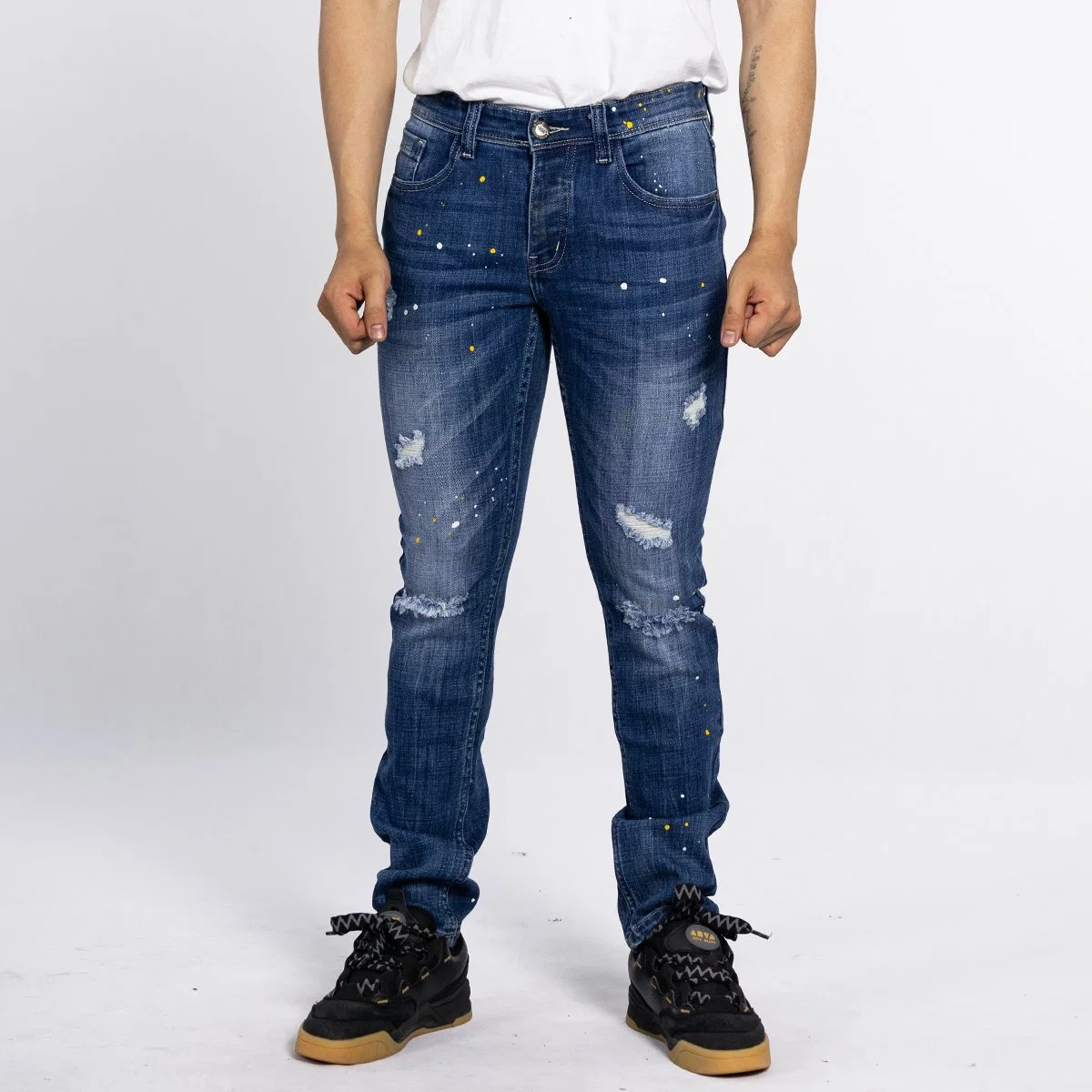 Custom Spray Painting Blue Denim Rip Destroyed Design Regular Jeans for Men