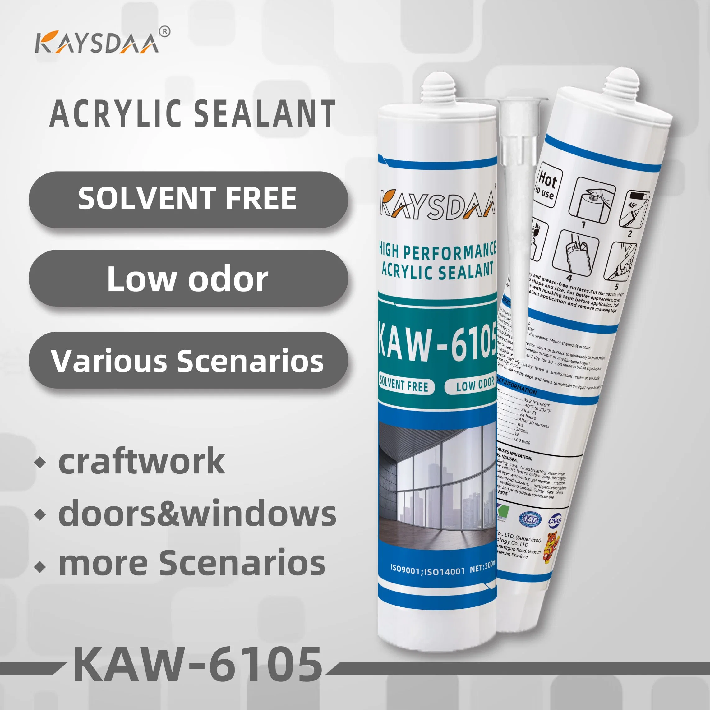 Kaw-6105 Selante e Adesivo de Silicone Acrílico para Portas e Janelas