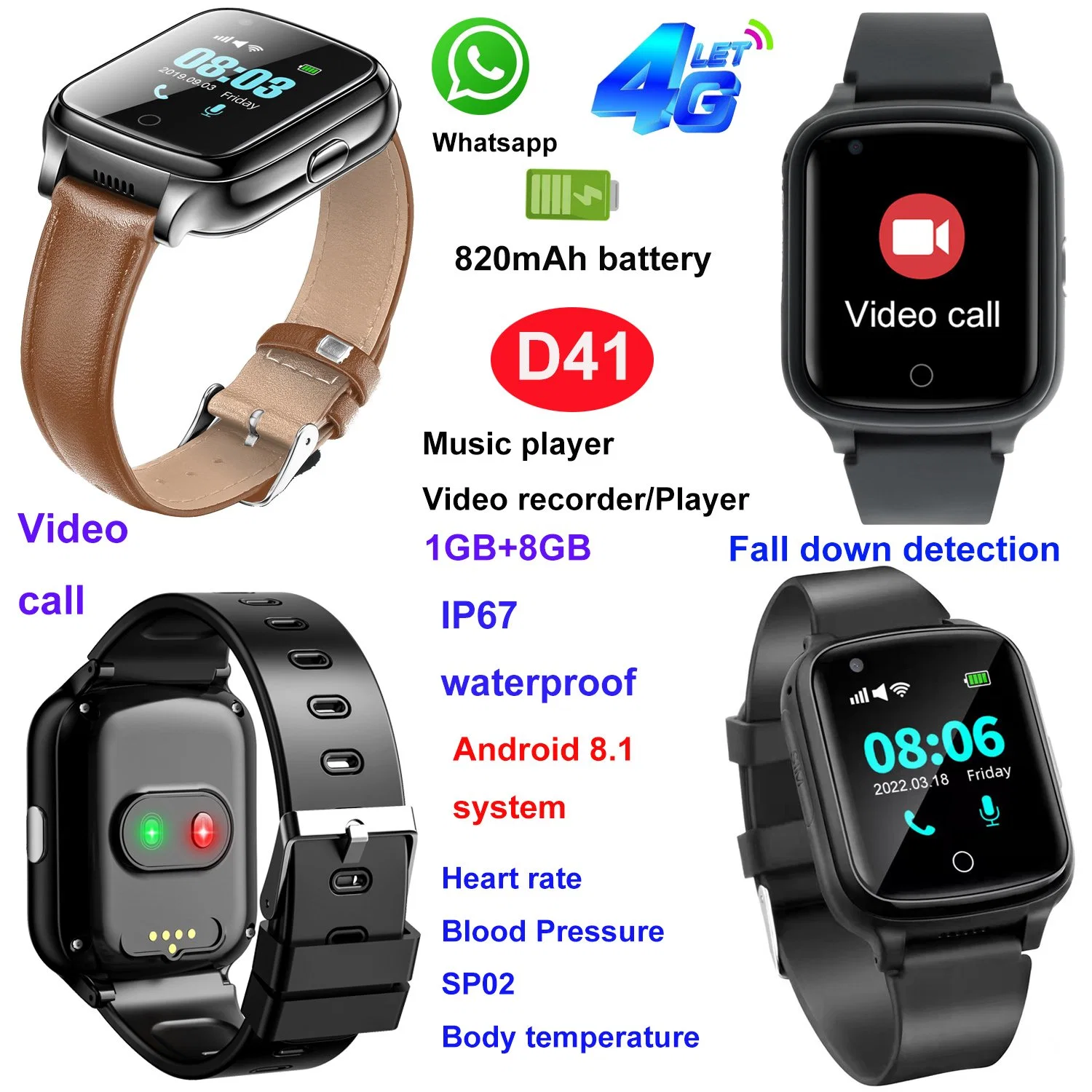 New Launched Video Call 4G Thermometer IP67 Waterproof Senior GPS Tracker Watch Phone with Fall Down alert D41