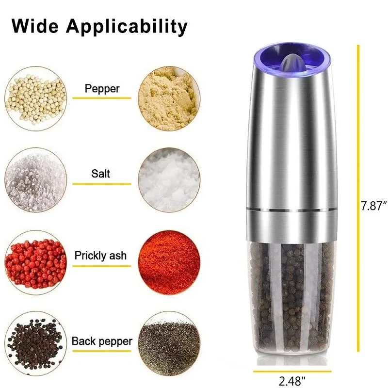 Silver Battery Powered Light Automatic Operation Stainless Steel Gravity Electric Mill Pepper Salt Grinder Set