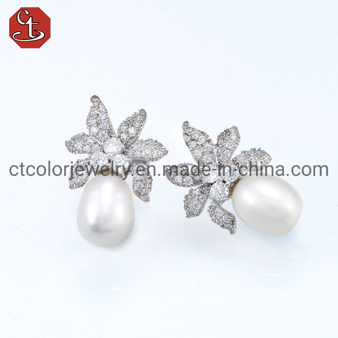 Women's Fashion 925 Silver Jewelry Eardrop Zircon Freshwater Pearl Earrings