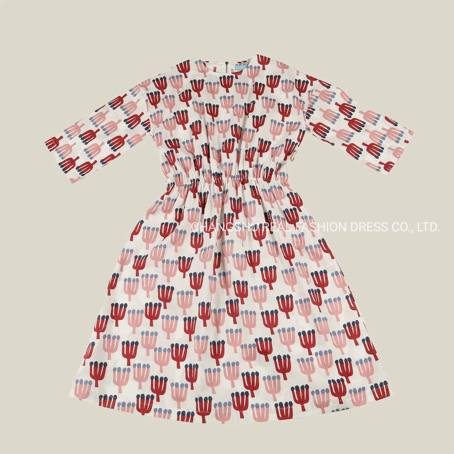 Girl Children White Ground Red Pink Blue Cactus Print Dress Clothes with Metal Zipper at Back Placket