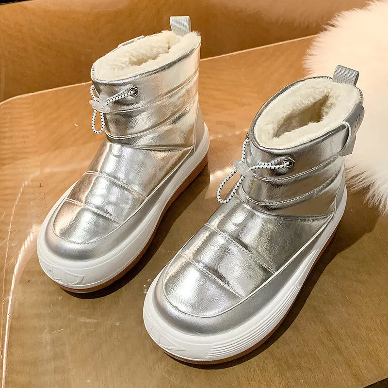 2022 Nuevo color de piel brillante suela gruesa felpa botas de nieve del invierno al aire libre High-Top caliente tendencia Casual mujeres Chunky Shoes