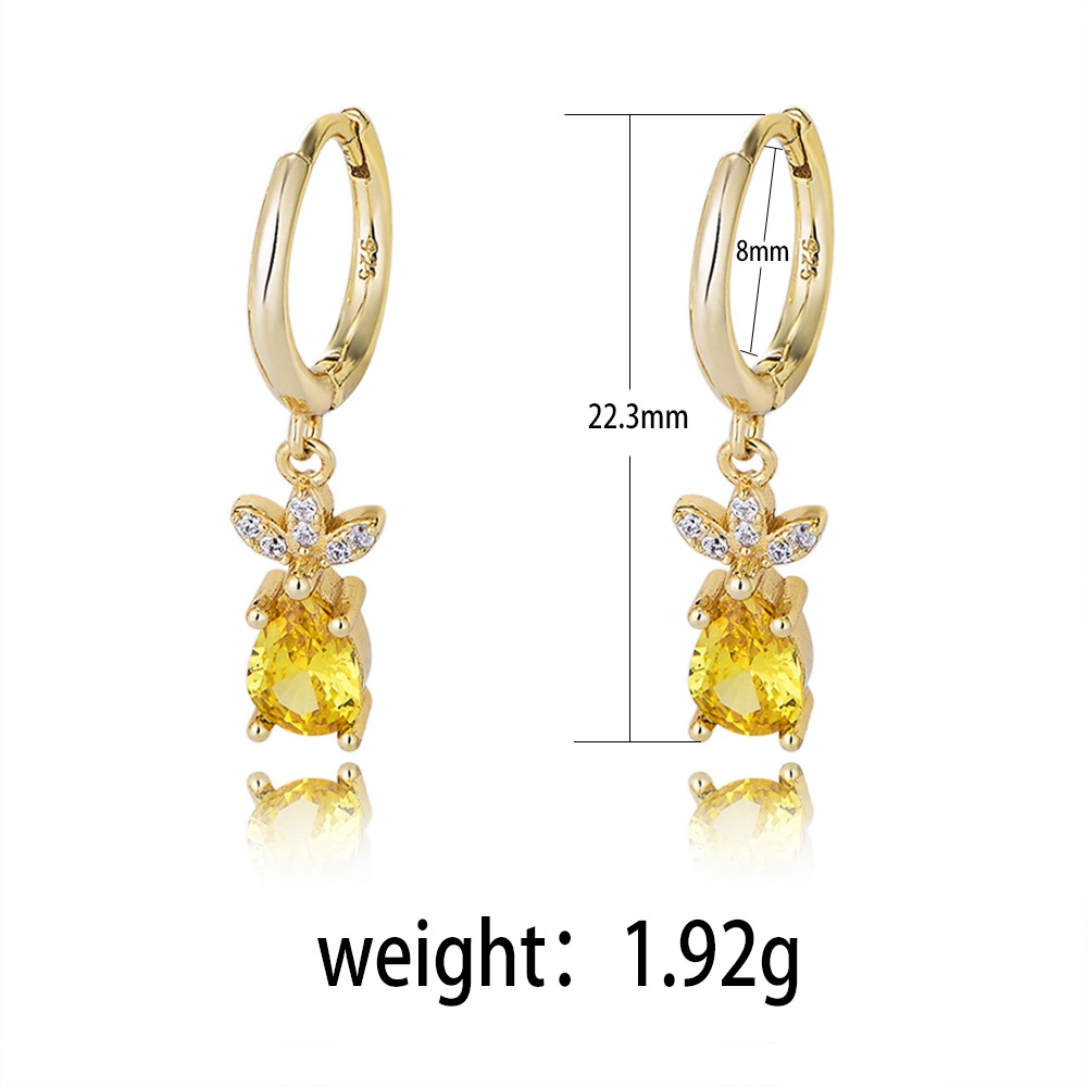 Fashion Jewelry 925 Sterling Silver Cute Fruit Pineapple Hoop Pear Topaz CZ Dangle Huggie Earring for Party