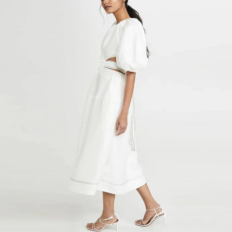 Women Fall Apparel Western Designs Belted Puff Sleeve Cutout Beach Vacation MIDI Dress Modest Women White Linen Dress Long