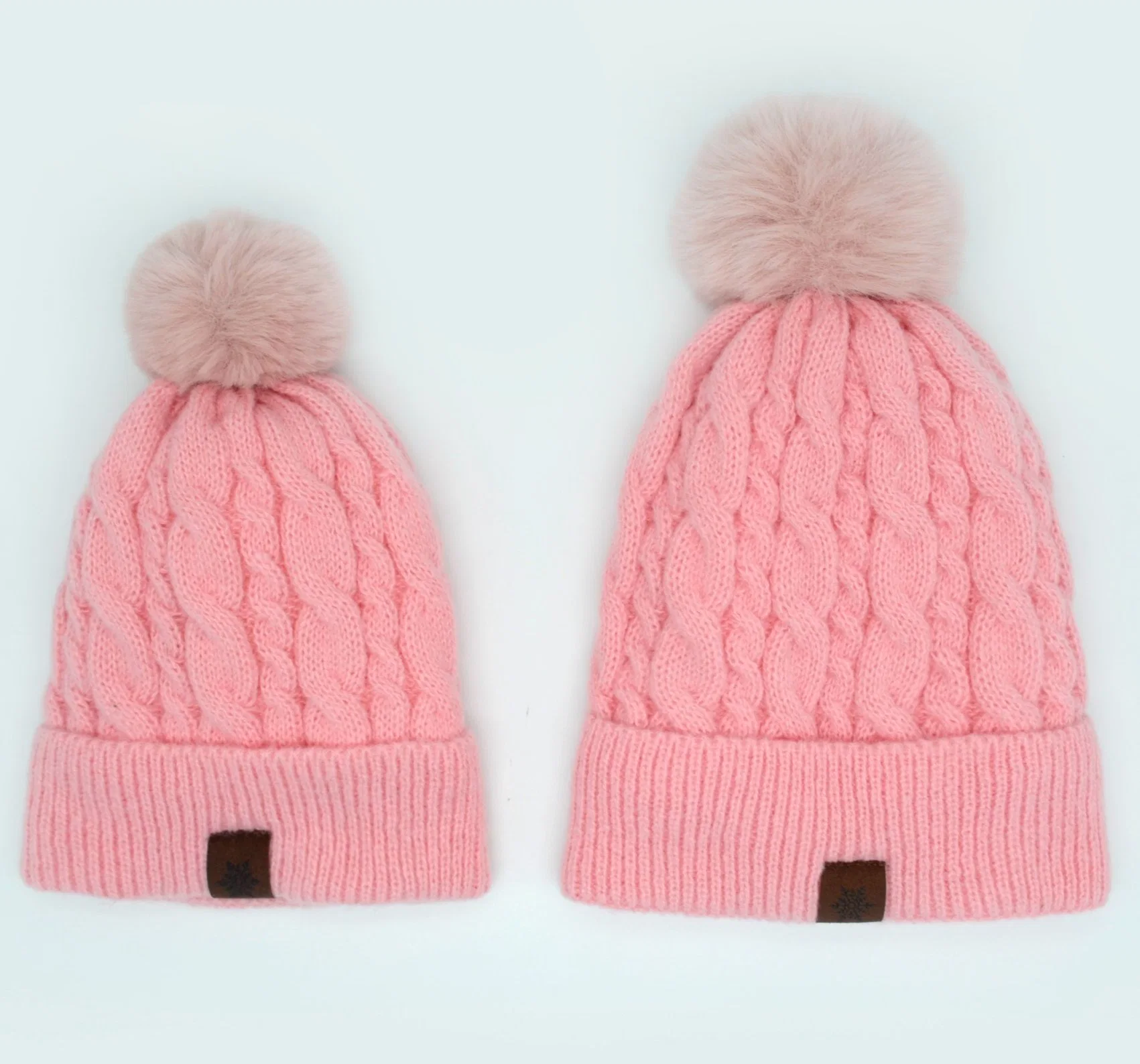 Fashion Polyester Cable Knitted Beanie Hat with Faux Fur Pompom