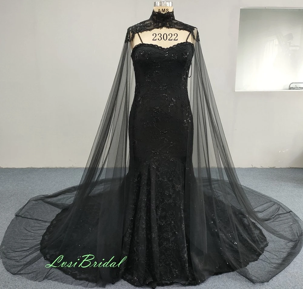 23022+Cloak Black Wedding Dress with Back Corset Dresses with Lace with Sequins Bridal Gown of Mermaid Dress for Pakistan Style Plus Size Dress
