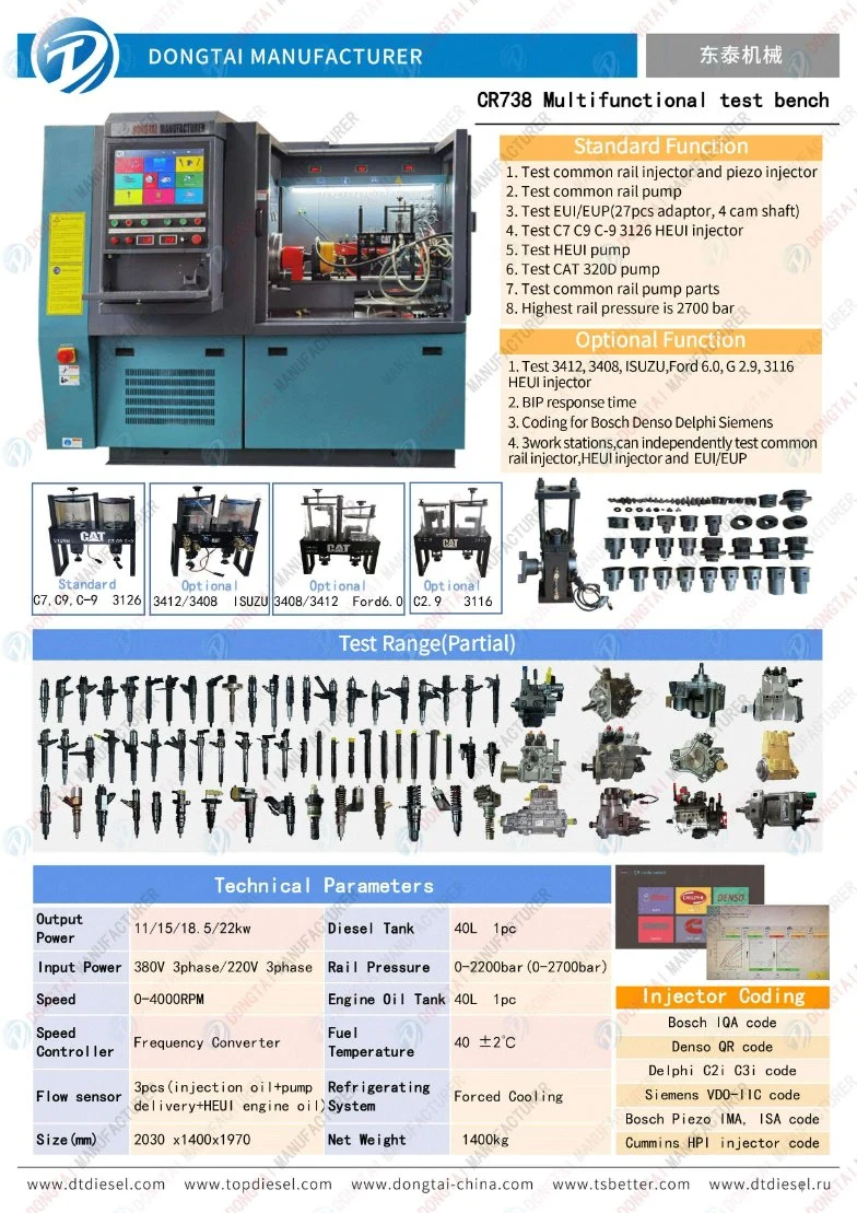 Dongtai Fabricante Cr738 Banco de pruebas multifuncional para el inyector de Common Rail Y bomba Eui Eup y Heui Heup