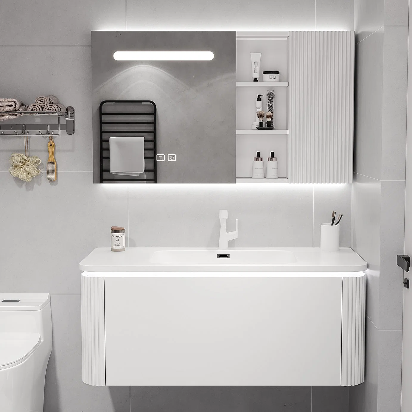 Lavabo de cerámica de una pieza con cabina de baño de luz LED