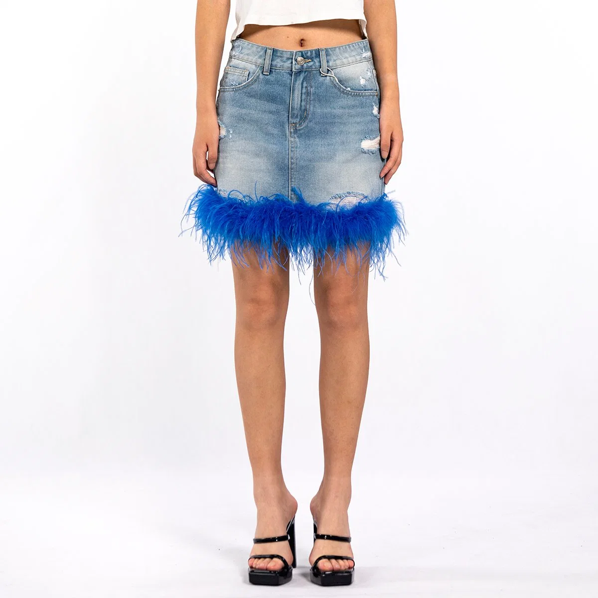 Custom Washed Blue Feather Distressed Ripped Jean Skirt for Women