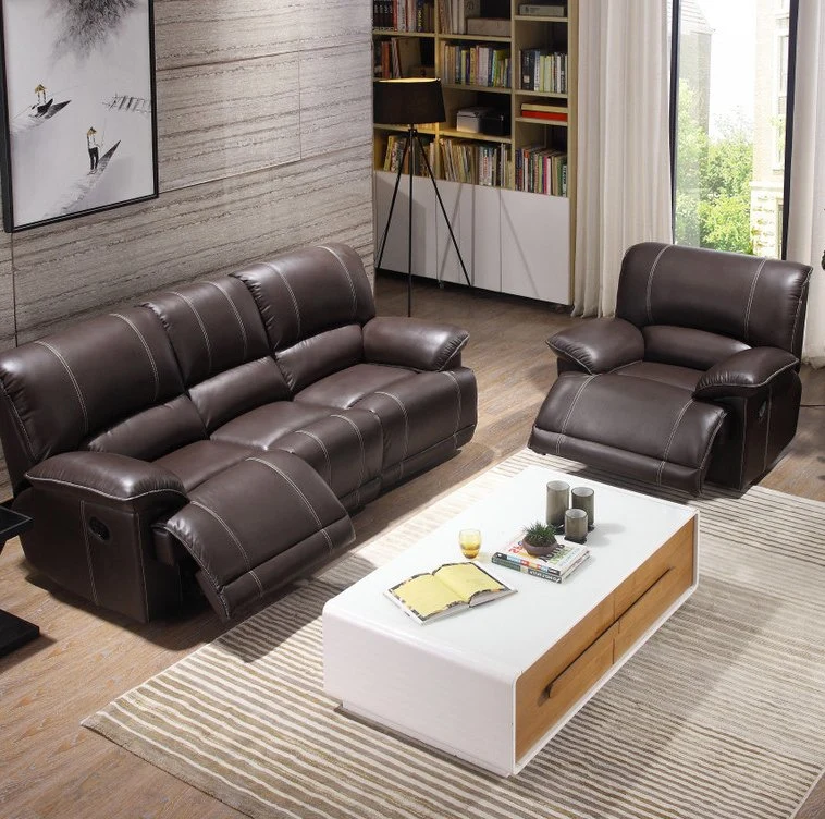 Ensemble de meubles de maison incluant un canapé d'angle en cuir style italien moderne avec fauteuil inclinable pour cinéma.