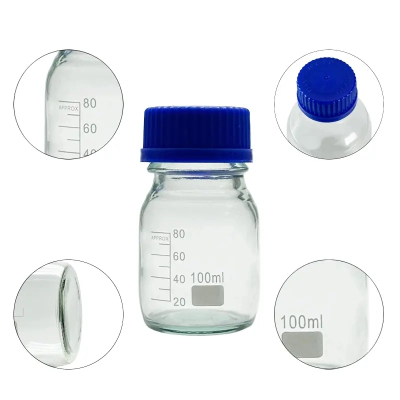 Laboratory Lab Glass Wide Mouth Reagent Bottle Blue Screw Clear Glass Reagent Bottle