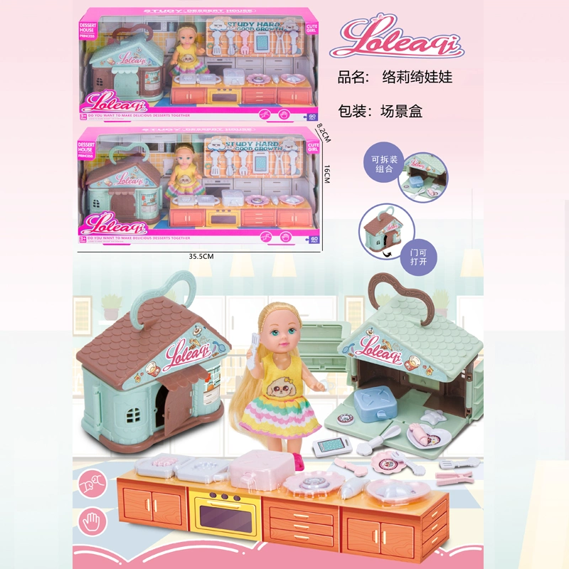 4.5 Inch Girl Doll Children Play Toy Tiny Compact Mini Kitchen Real Cooking Set with Food Model Toys