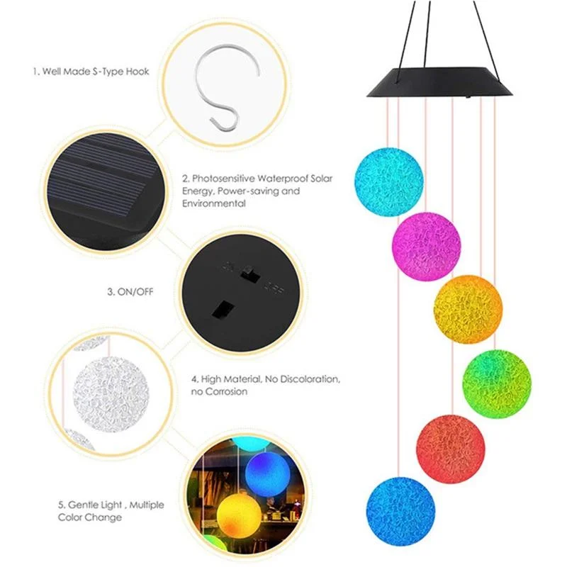 LED Solar Wind Chime Crystal Ball Hummingbird Wind Chime Light Color Changing Waterproof Hanging Solar Light for Home Garden