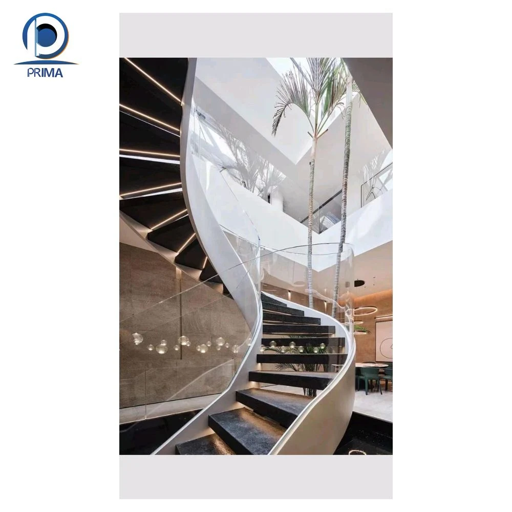 Modern Stylish Tempered Glass Steps Stainless Steel Frame Spiral Stairs Curved Staircase for Villa