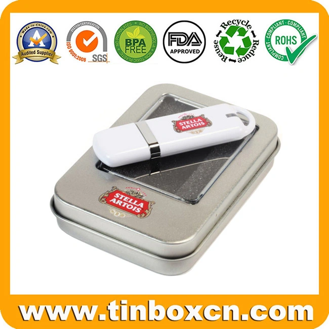 إفراغ علبة جهاز USB Flash Disk Tin Box المخصص مع PVC واضح نافذة