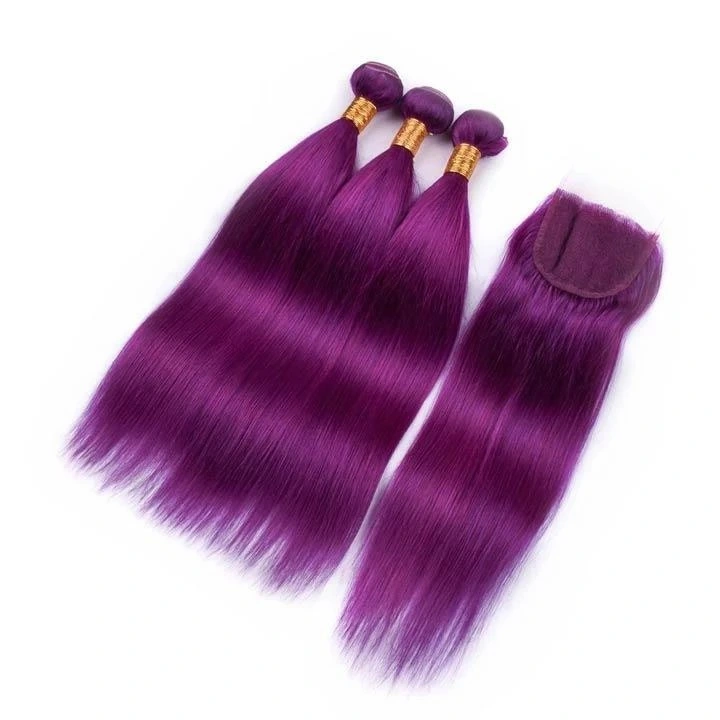 100% Authentic Remy Human Hair Wefts with Lace Closure 4PCS/Set Bright Purple Color Straight Style No Shedding No Tangle