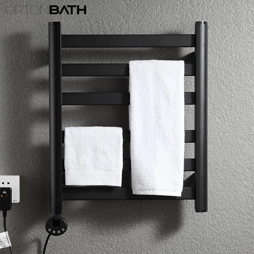 Ortonbath Matte Black Towel Warmer for Bathroom Wall Mounted CE Plug-in Electric Heated Towel Rack Stainless Steel 4 Bars Drying Rack