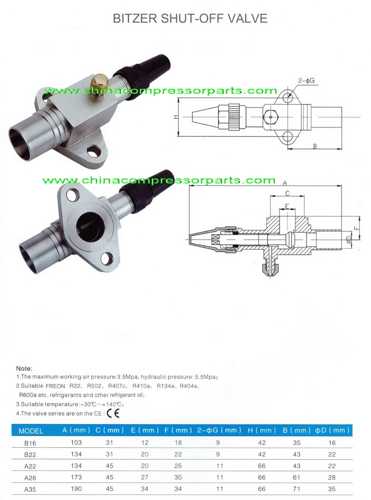 Cast iron shut-off valve for Copeland and Bitzer Refrigeration Compressor