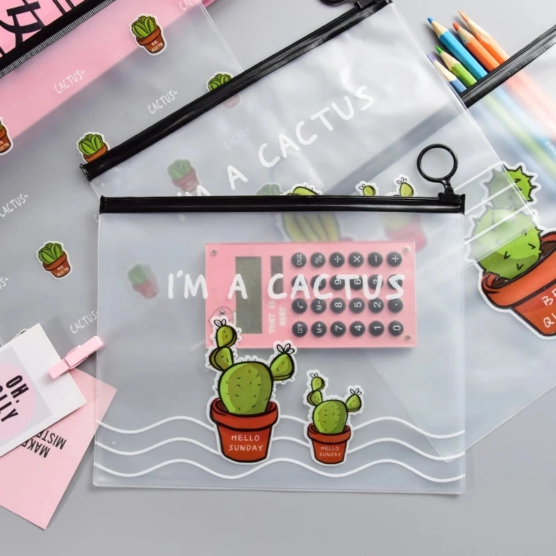 Custom Logo Transparent Cactus Ring Storage Bag for Children Large Capacity Students Stationery Storage Bag PVC Waterproof Pencil Bag