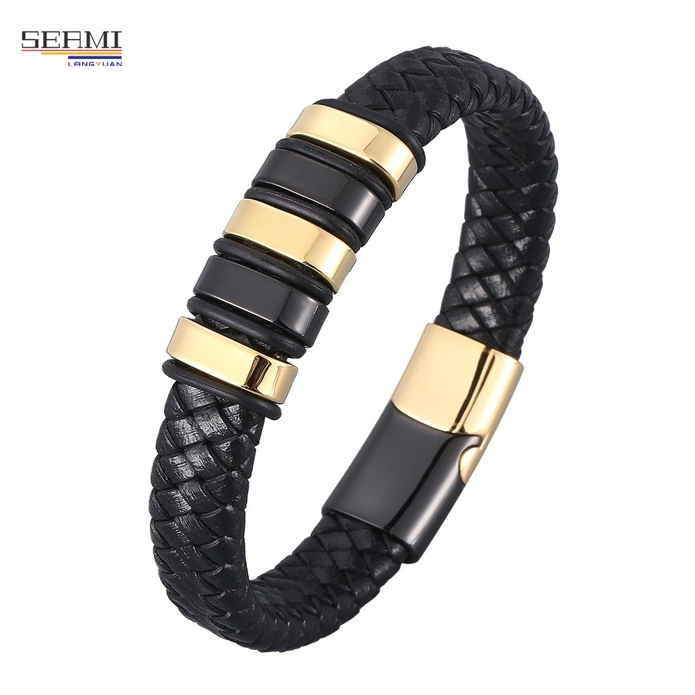Fashion Bracelet Men's Stainless Steel Leather Braided Bracelet Leather Jewelry