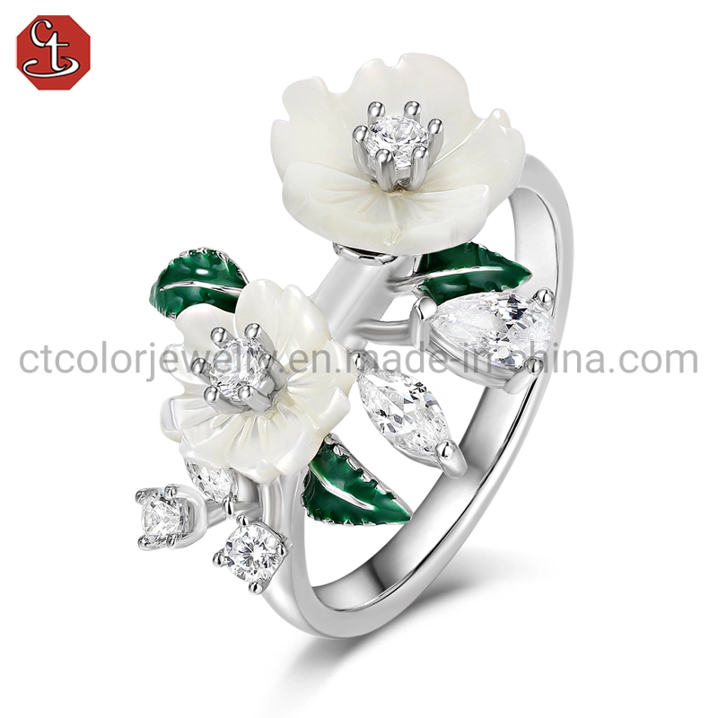 Fashion Design  Accessories 925 Silver Jewelry Shell Floral Green Enamel Leaf Jewelry