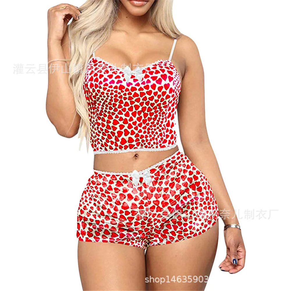 2023 Conjunto de Pijama de Veludo de Duas Peças de Luxo com Estampas Sensuais de Veludo para Dormir, Tops e Shorts de Roupas de Dormir de Veludo para Mulheres.