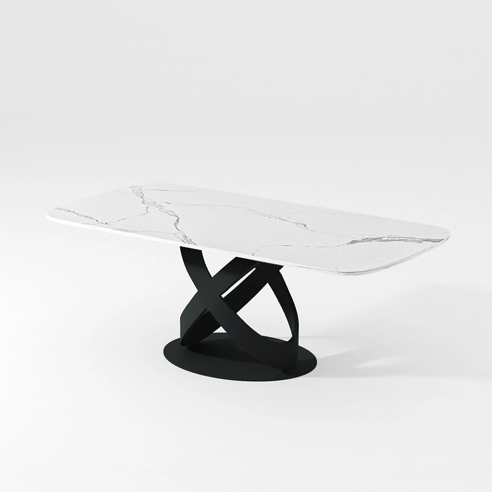 Povison Modern White Dining Table Sintered Stone Tabletop Kitchen Table Solid Black Carbon Steel Base 71"