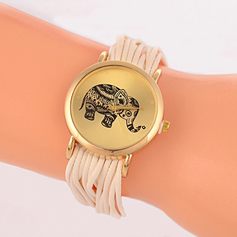 Women Dress Watch Elephant Pattern Weaved Rope Band Bracelet Clocks Quartz Analog Wristwatch Esg13642