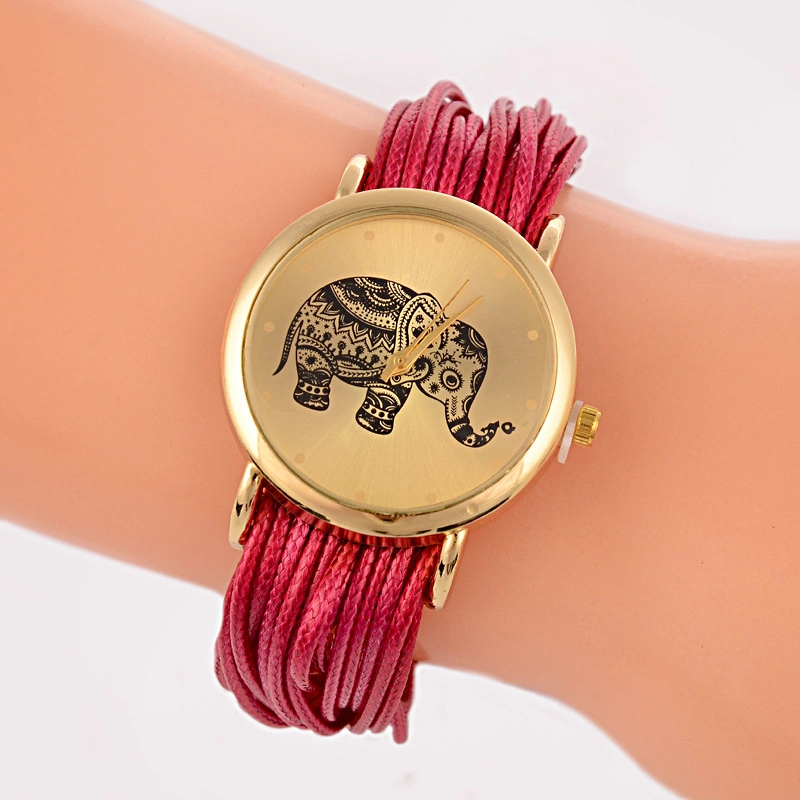 Women Dress Watch Elephant Pattern Weaved Rope Band Bracelet Clocks Quartz Analog Wristwatch Esg13642