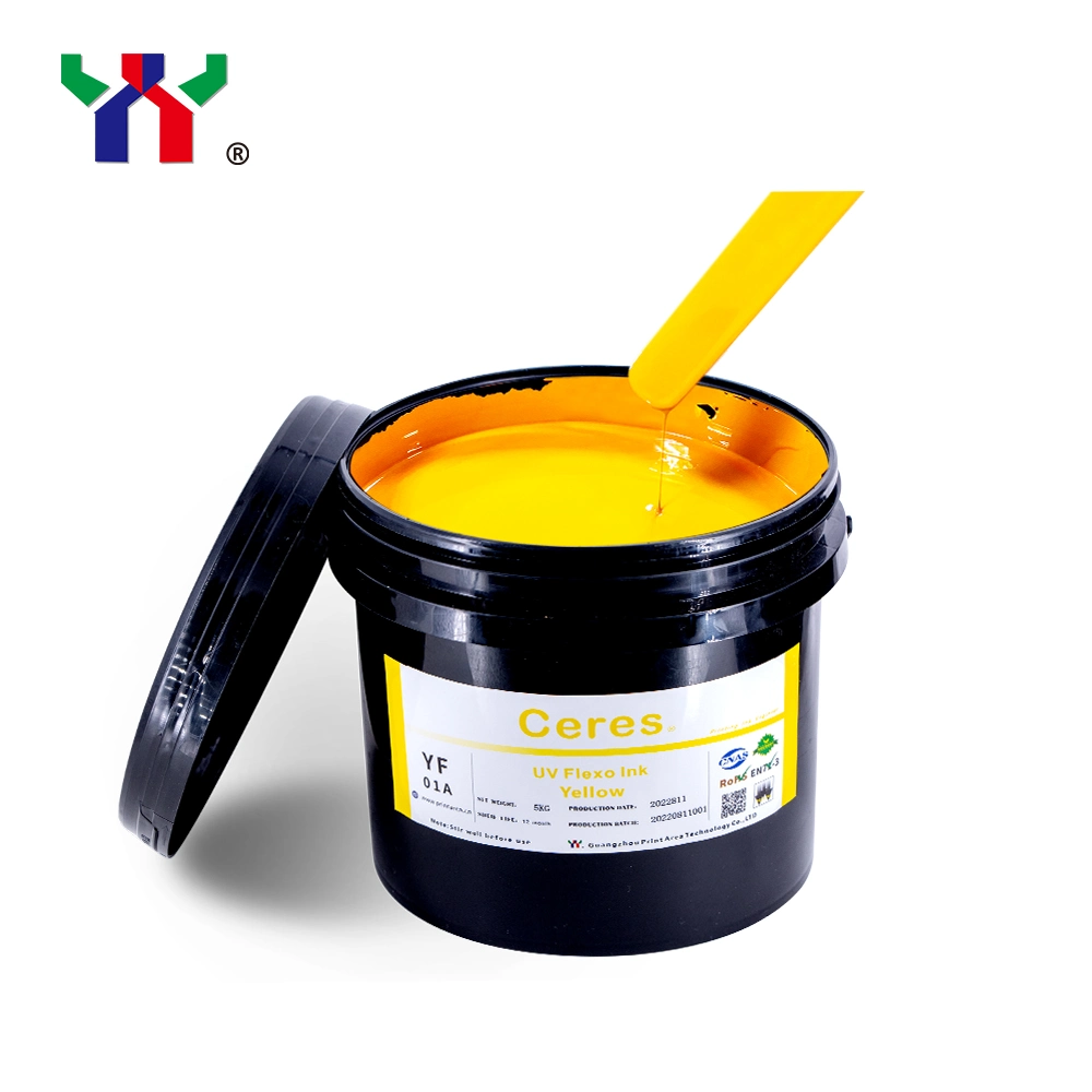 Ceres de alta calidad de la fuerza adhesiva fuerte/LED flexo UV tinta de impresión para papel y la impresión de etiquetas (PP, PET materiales) , de color amarillo, 5kg/barril