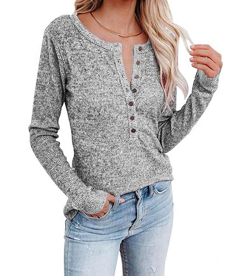 Factory Customized Chest Button Casual Cheapest Woolen Knitwear Long Sleeve T Shirt for Women