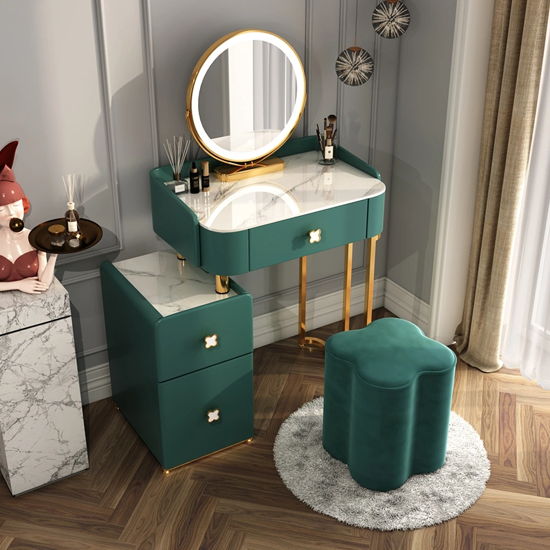 Home Hotel Bedroom Nordic Golden Modern Fashion Style Makeup Dressing Table with Chair and Mirror Dresser with LED Light