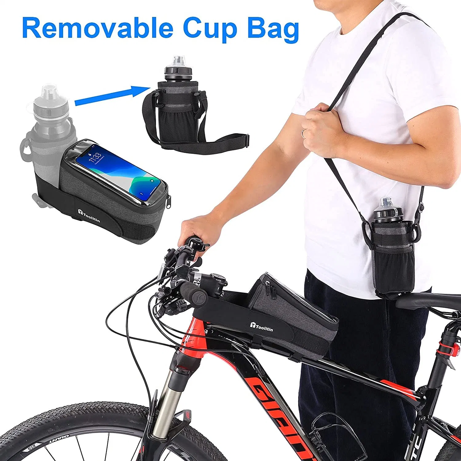 Bike Phone Front Frame Bag with Water Bottle Holder Bag Bicycle Phone Bag