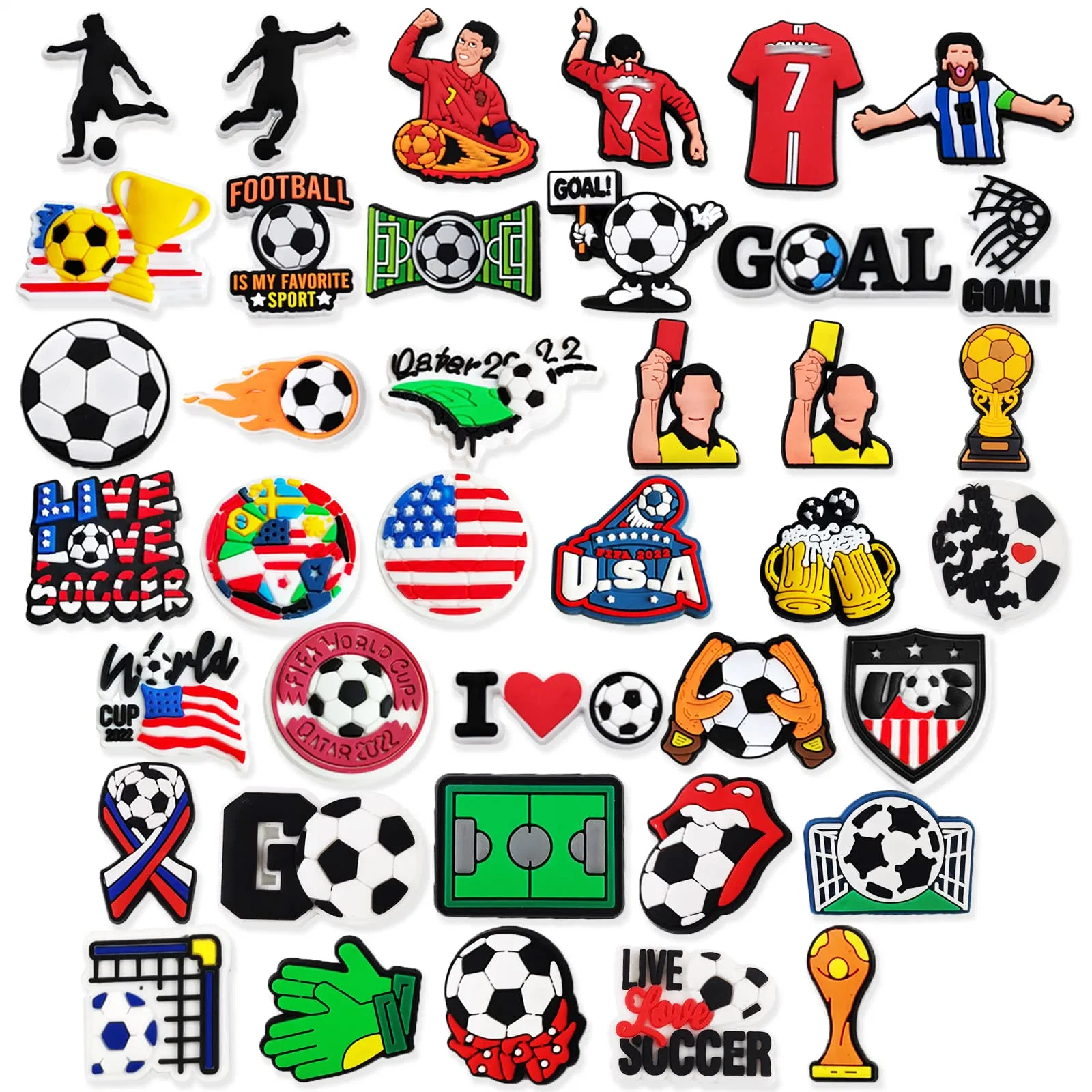 Soccer Croc Encantos Football Pack Homens de Esportes de futebol Equipamento Encantos Cool Croc Pins Messi Cr7 Parte favorece os dons de futebol mundo C