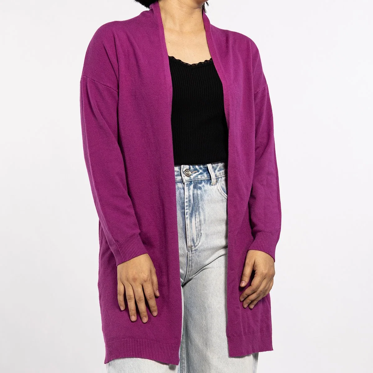 Roxo desde meados de Manga Longa Suéter Casual Cardigan leves para as mulheres