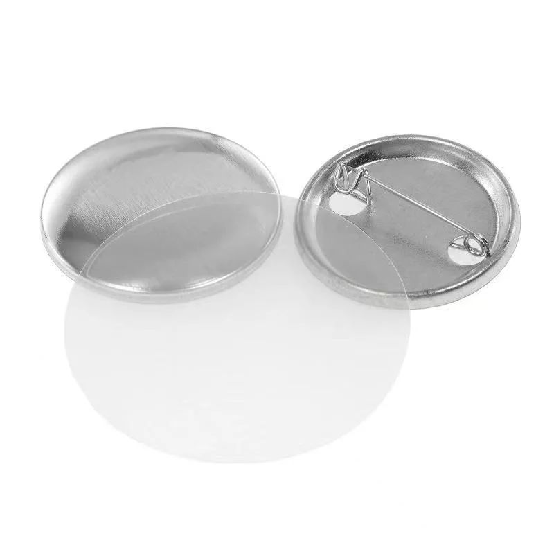 Pièces de bouton pour machine à boutons, épingles de bouton blanches de badge rond, comprend un couvercle arrière de broche de bouton en plastique, un couvercle en métal, un film transparent et du papier vierge