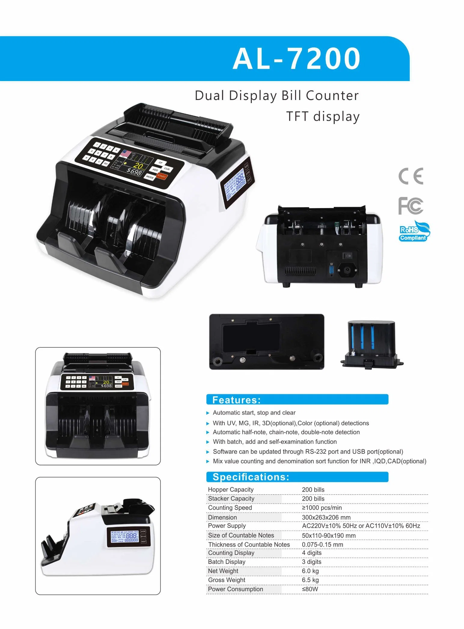 Al-7200 Money Counter Mixed Bill Counter Multi-Currency Counting Machine Dual Display