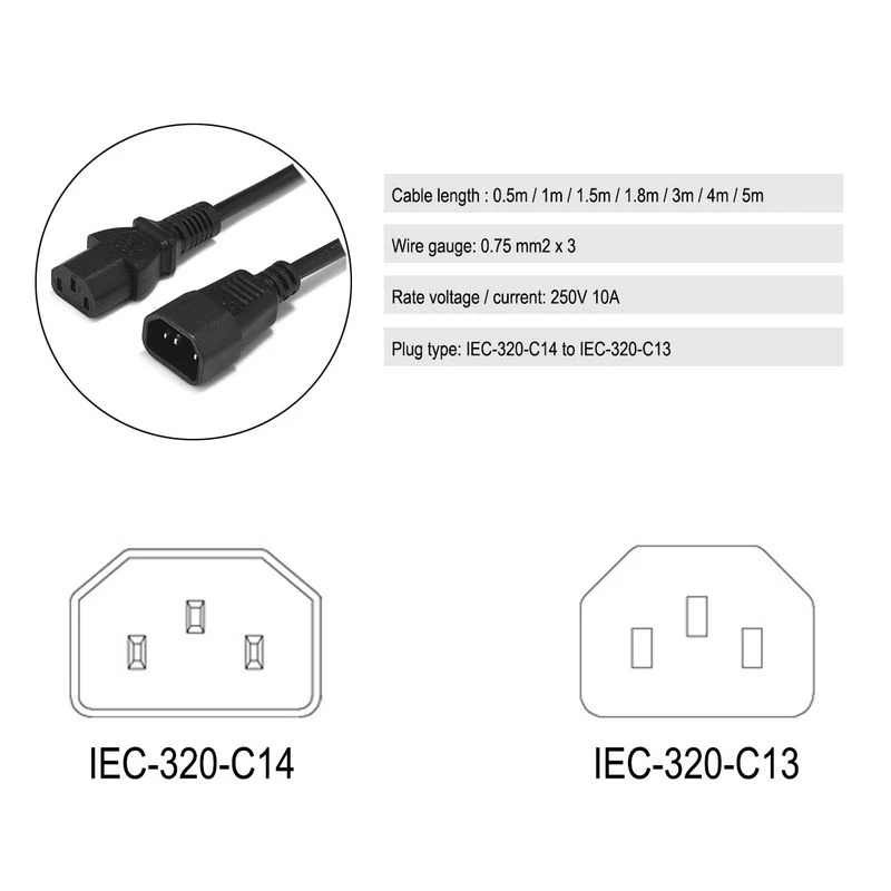 Male to Female IEC 60320 C13-C14 Cable for Computer