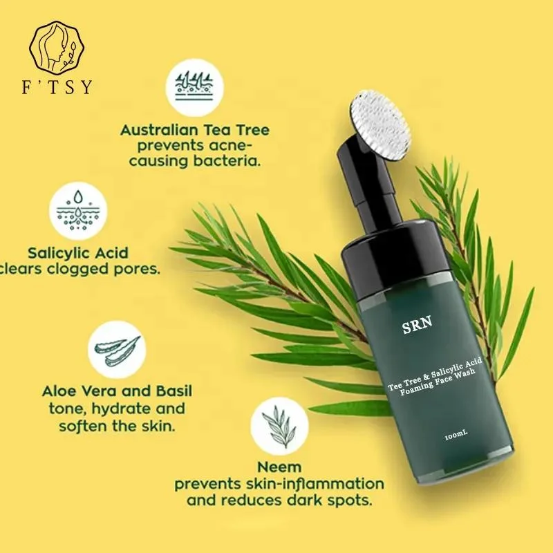 Nettoyant visage moussant à l'acide salicylique et à l'arbre à thé végétalien naturel de marque privée pour hommes.