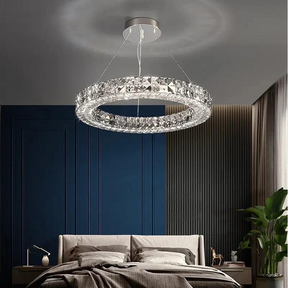 Home Decor Rings High Ceiling Hanging Lamp LED Round Modern Luxury K9 Crystal Restaurant Dining Room Living Room Chandelier Pendant Lamp