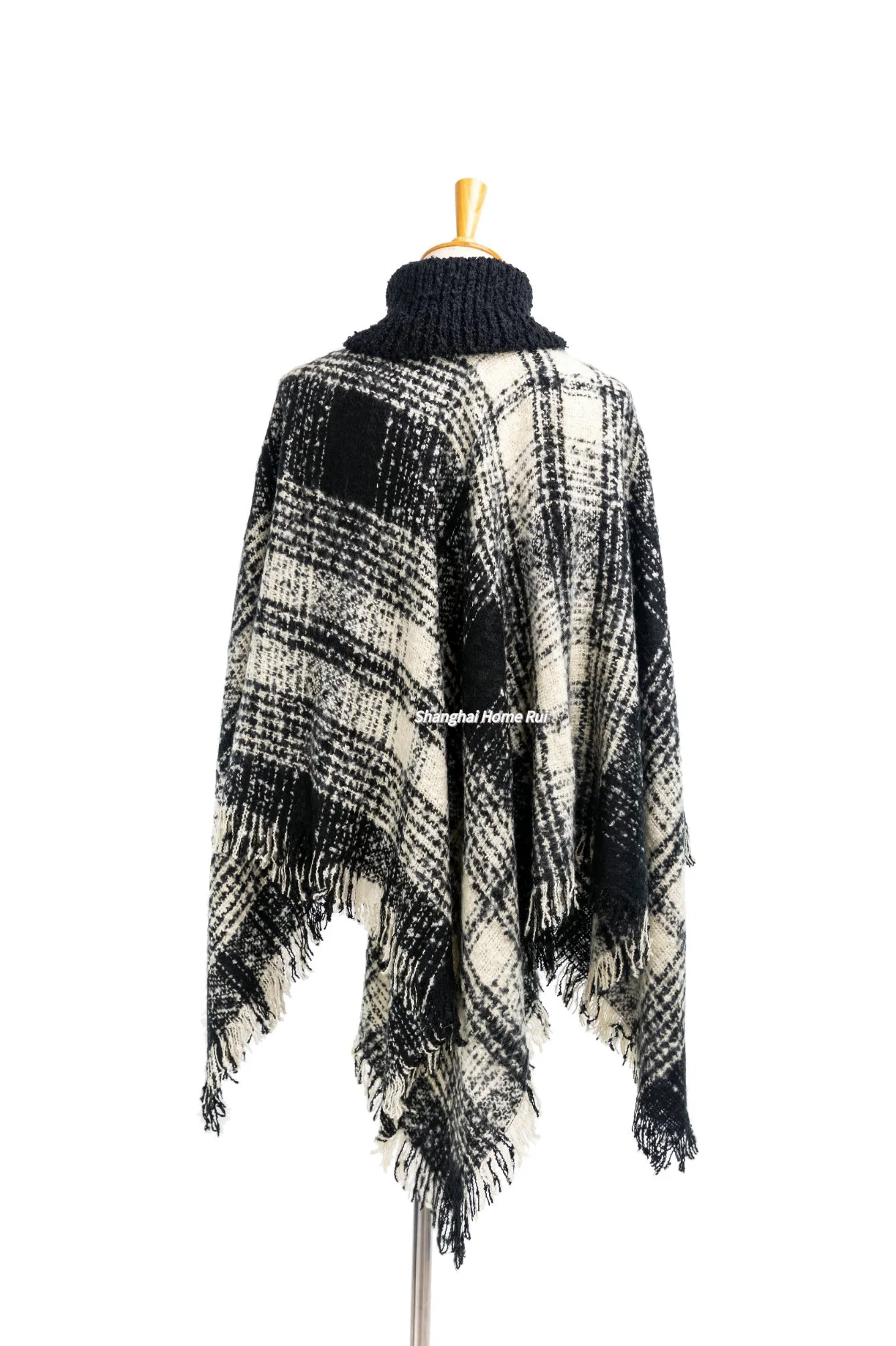 Home Rui Outerwear Spring Autumn Woman Warmth Black Beige Apparel Accessory Boucle Fringe Oversize Pullover Lattice Tartan Grids Turtleneck Shawl Cloak Cape